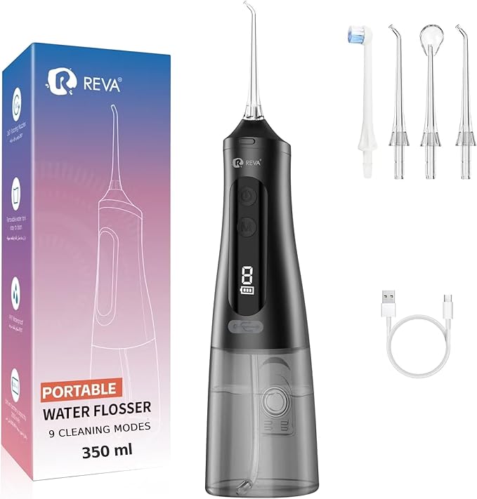 Professional Water Dental Flosser for Teeth & Braces - 9 Modes Cordless Oral Irrigator, 350ML Large Reservoir, 360° Nozzle, IPX7 Waterproof, Rechargeable, Dental Floss Tool (M131 - Black)