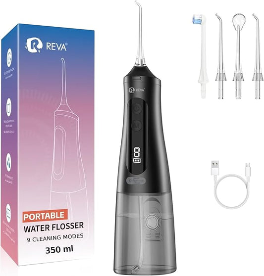 Professional Water Dental Flosser for Teeth & Braces - 9 Modes Cordless Oral Irrigator, 350ML Large Reservoir, 360° Nozzle, IPX7 Waterproof, Rechargeable, Dental Floss Tool (M131 - Black)
