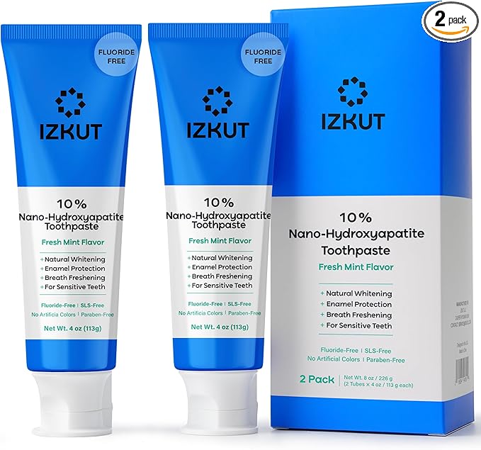 10% Nano Hydroxyapatite Toothpaste: Fluoride Free Natural Whitening Toothpaste for Sensitive Teeth, Enamel Support, Plaque Remover, SLS Free, Fresh Mint Flavor, Adults & Kids, 4 oz (Pack of 2)