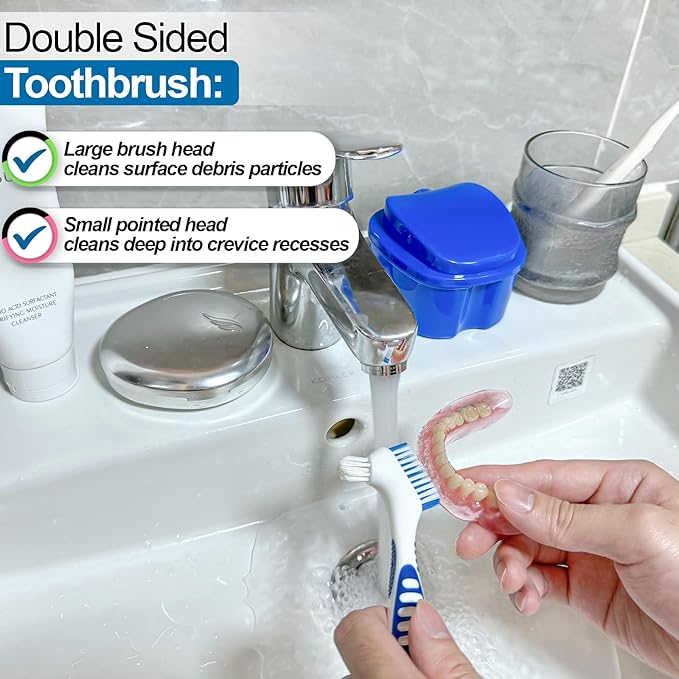 2 Pack Denture Bath Case Cup with Lid and Strainer Basket, Retainer Cleaner Case Dental False Teeth Container with 2 Travel Brushes, Lake Green and Dark Blue