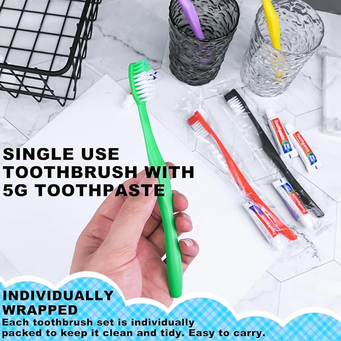 100pcs Disposable Toothbrushes with Toothpaste,Single Use Toothbrush with Toothpaste Individually Wrapped Disposable Travel Toothbrushes Kit Bulk for Homeless,Hotel,Guests(5 Colors)