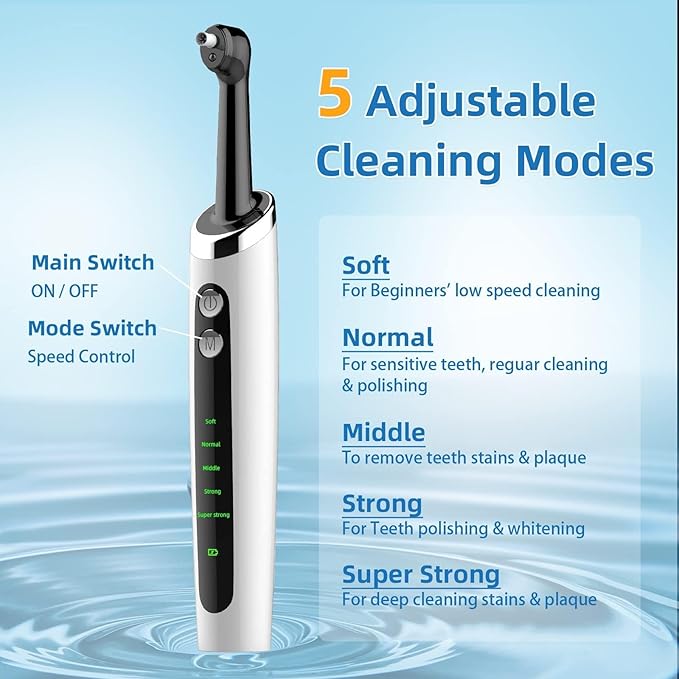 Tooth Polisher - Plaque Remover for Teeth Tooth Polisher with LED Light 5 Speed Modes with Teeth Cleaning Kit 5 Replacement Brush Heads，Teeth Whitener for Daily Cleaning