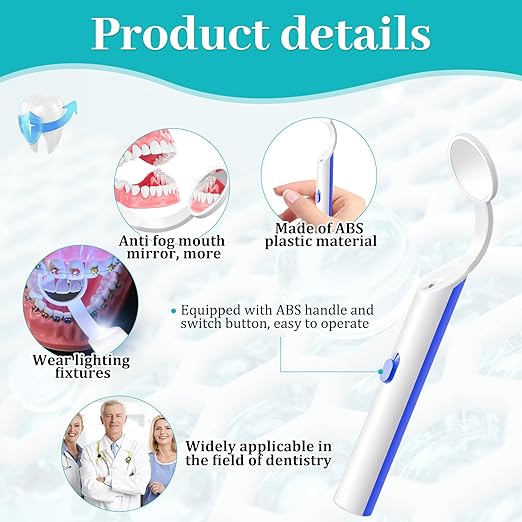 2 Pieces Dental Mirror with Light - LED Lighted Teeth Inspection Mirror, Anti Fog Curve Angle Mouth Mirrors Dentist Oral Assistant Care Tool Accessories (Blue)