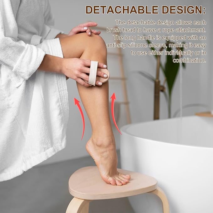 Dry Brushing Set - Natural Boar Bristle Body & Face Brush, Wooden Long Handle Scrub Brush for Cellulite & Lymphatic Drainage, Detachable, 3 Brush Heads