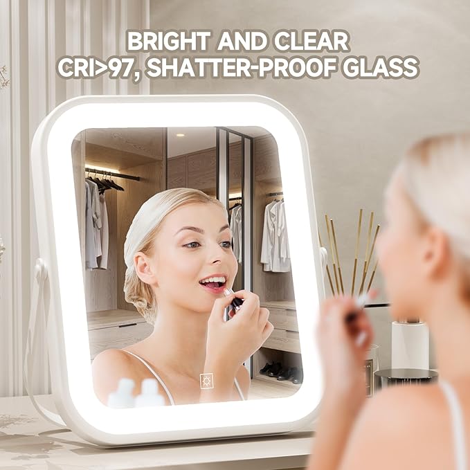PRIMETEK LED Vanity Mirror with Gift Box, 10"x8" Lighted Hollywood Makeup Mirror, Portable Travel Makeup Mirror with Lights, 3-Color Lighting, 5X Magnification, for Vanity Desk, Bedroom, Gifts for Her