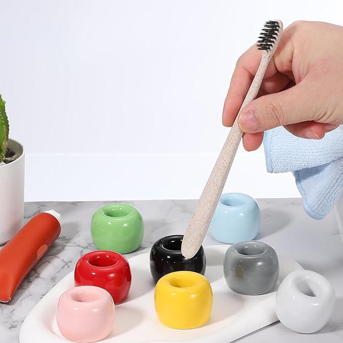 uxcell 2 Pcs Mini Ceramics Toothbrush Holder Stands, Sleek Mini Countertop Toothbrush Round Shape Ceramic Holder Stand for Bathroom Vanity Countertops, Black
