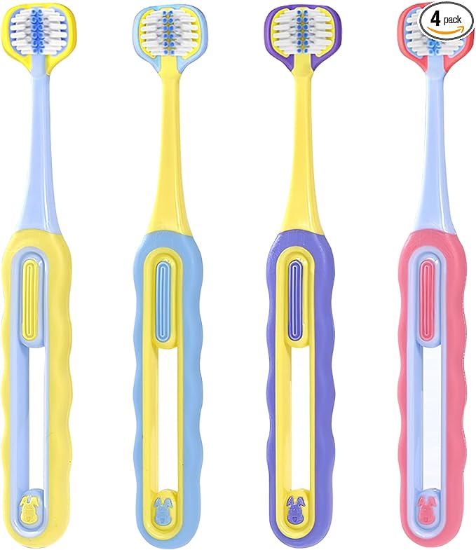 3-Sided Toddler Toothbrush 4-Pack | Ultra-Soft Bristles for Ages 1-12 | 4 Fun Colors (Gentle, 360° Cleaning, Comfortable for Sensitive Gums), Easy-Grip Handle & Quick Cleaning