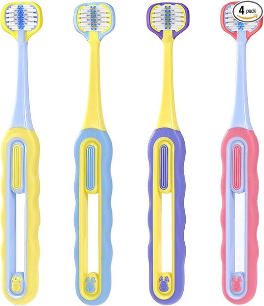 3-Sided Toddler Toothbrush 4-Pack | Ultra-Soft Bristles for Ages 1-12 | 4 Fun Colors (Gentle, 360° Cleaning, Comfortable for Sensitive Gums), Easy-Grip Handle & Quick Cleaning