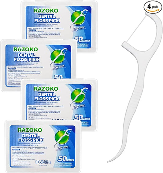 RAZOKO Dental Floss Picks High Toughness Professional Toothpicks Sticks 4-Pack(200pcs) with Portable Case and Dental Picks Perfect for Family,Hotel,Travel