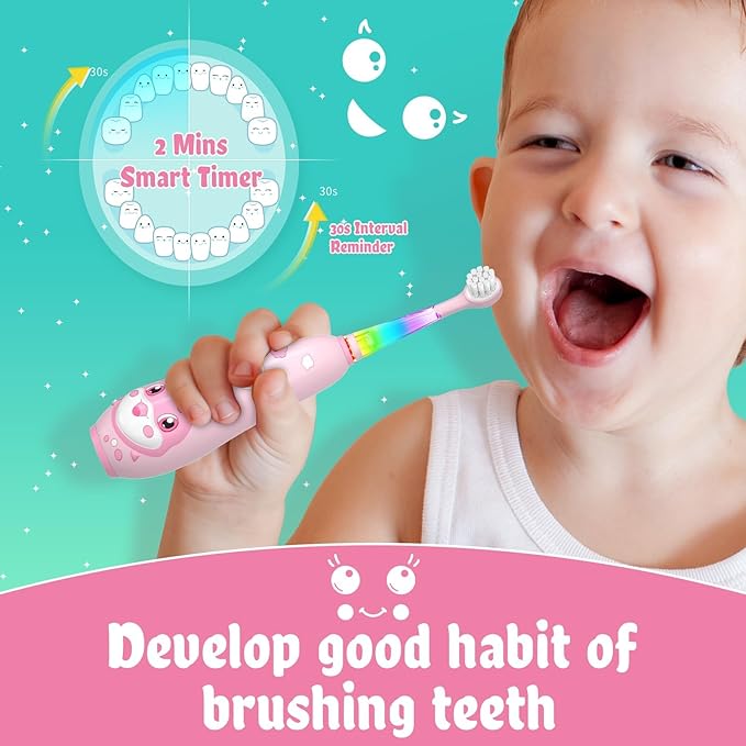SEAGO Kids Electric Toothbrushes Rechargeable, Toddler Electric Toothbrush with Magnetic Charging, LED Observing Light, 8 Toothbrush Heads for Ages 2-4-6 Boys Girls (Pink)