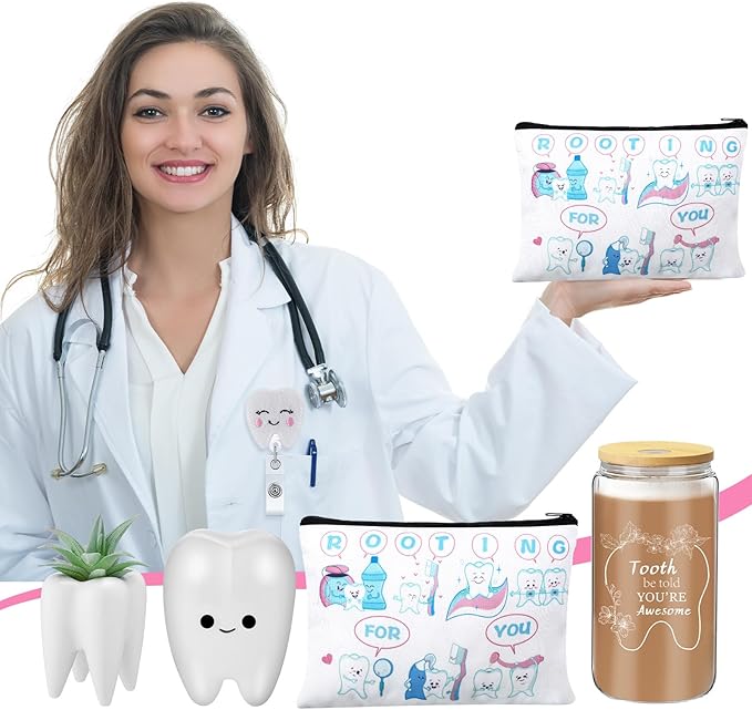 Pickmesh 6 Pcs Dental Gifts Nurse Assistant Hygienist Gifts 16 oz Glass Cups with Lid Makeup Bag Smiling Tooth Shape Felt Badge Holder Ceramic Pen Toothbrush Pot for Women Coworkers(White)