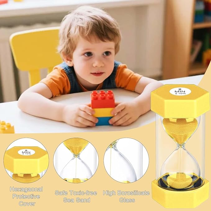 2 Minute Sand Timer Hourglass, Unbreakable Hexagon Plastic Sand Clock Reloj De Arena 2 Minutos, Colorful Hour Glass Sandglass for Classroom Games Kitchen (Yellow)