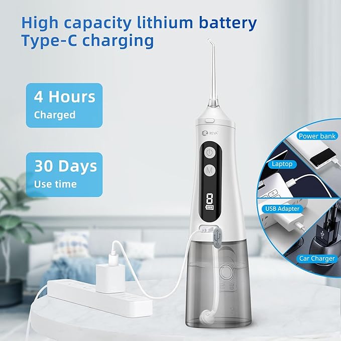 Professional Water Dental Flosser for Teeth & Braces - 9 Modes Cordless Oral Irrigator, 350ML Large Reservoir, 360° Nozzle, IPX7 Waterproof, Rechargeable, Dental Floss Tool (M131 - White)