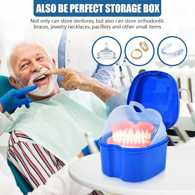 2 Pack Colors Denture Bath Case Cup Box Holder Storage Soak Container with Strainer Basket for Travel Cleaning (Blue and Pink)