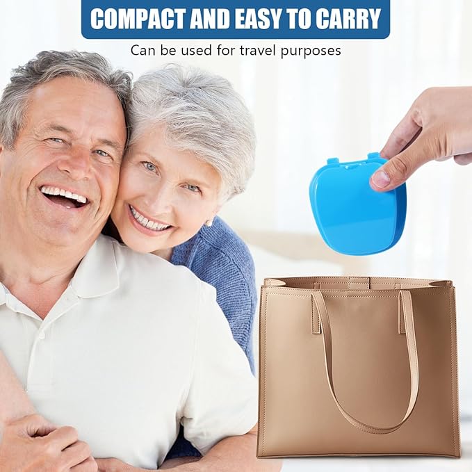 3 Pack Colors Denture Bath Case Cup Box Holder Storage Soak Container with Strainer Basket for Travel Cleaning (Blue, Light Blue, Purple)