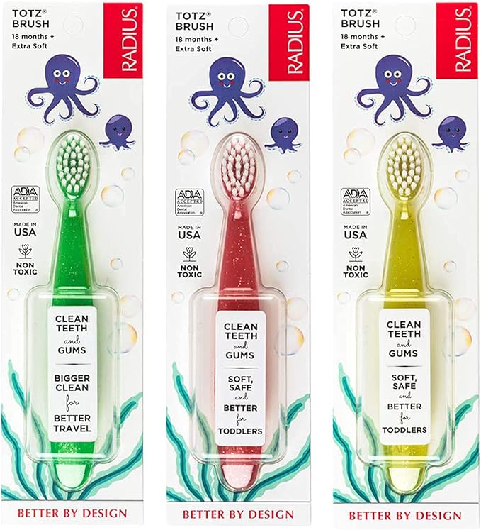 RADIUS Children's Toothbrush, Totz Brush, Extra Soft Bristles, Green/Coral/Yellow, BPA Free & ADA Accepted, Designed for Delicate Teeth & Gums for Children 18 Months & Up, Pack of 3