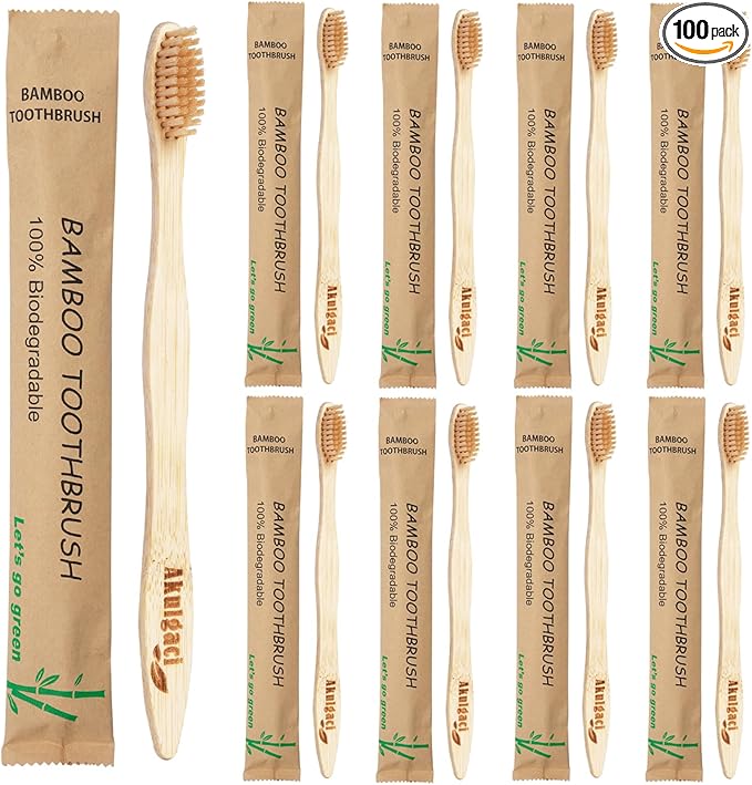 100 Pack Bamboo Toothbrushes for Adults, Biodegradable Soft Bristles Toothbrushes, Eco-Friendly Natural Reusable Wooden Toothbrush in Bulk for Camping Trips Hotel Travel