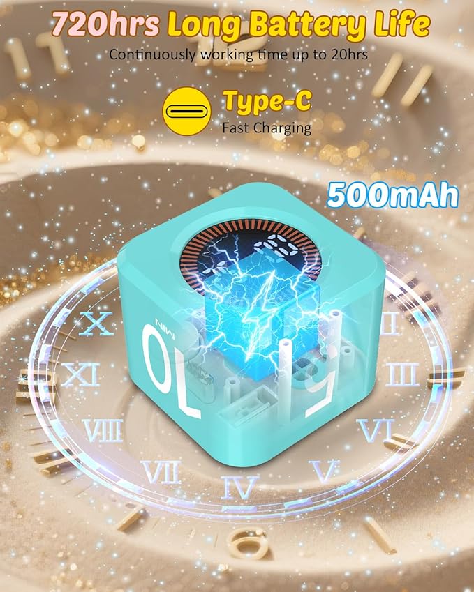 Pomodoro Timer Cube Visual Productivity Flip Timer for Kids Classroom Desk, 5/10/25/50min&Custom Countdown, Silent&Sound Mode Digital Cube for ADHD Study Work School Game Kitchen (Mint Green)
