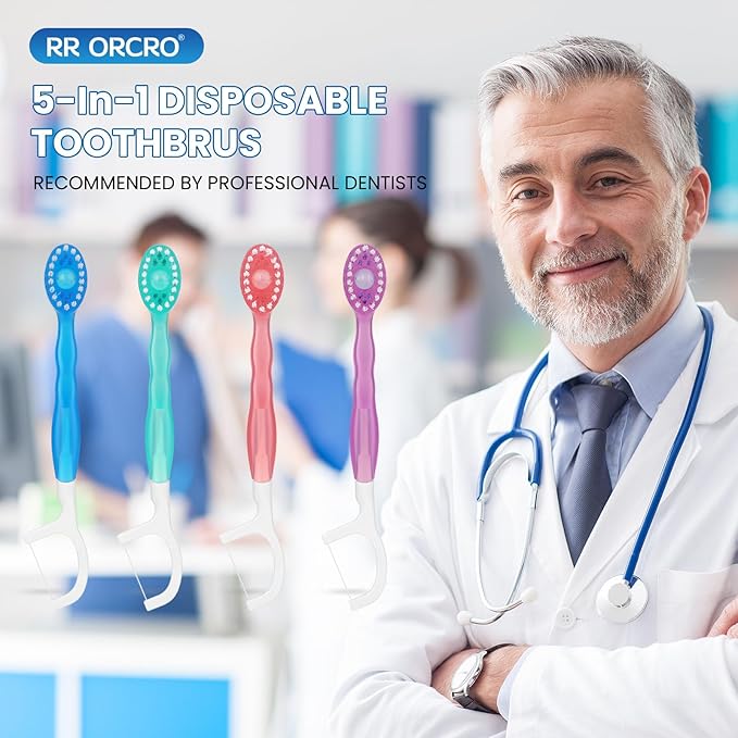 10Pack Disposable Toothbrushes with Toothpaste 5-in-1 Mini Travel Toothbrush with Tongue Scraper + Floss + Pick Individually Wrapped Prepasted Portable On The Go Toothbrush for Work Travel, 4 Flavors