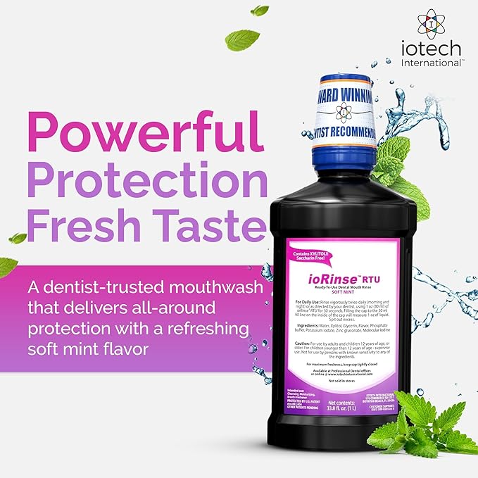 ioRinse Ready-to-Use (RTU) Mouthwash for Fresher Breath, Halitosis Relief, Alcohol-Free, Fluoride-Free and a Professional Clean, Original ioRinse RTU Mouth Wash, Zero Alcohol - Soft Mint Flavor, 1L
