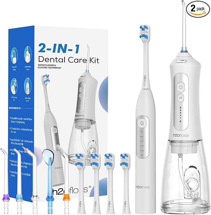H2ofloss Sonic Electric Toothbrush and Water Flosser Combo, Rechargeable 2000mAh Toothbrush and 2500mAh Oral Irrigator with 300ml Tank, 4 Brush Heads, 5 Nozzles, 2 in 1 for Home and Travel (White)
