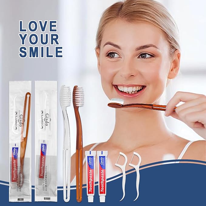30pcs Disposable Toothbrushes with Toothpaste Floss Individually Wrapped, 2 Color Disposable Toothbrush Bulk, 10g Toothpaste, Dental Floss Pick for Homeless,Airbnb,Hotel,Guest
