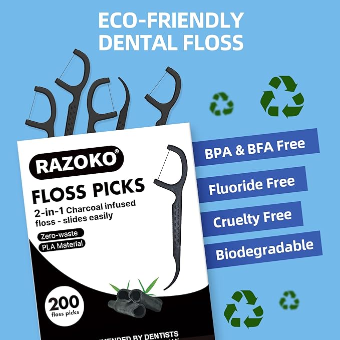 Natural Dental Floss Picks High Toughness Charcoal Toothpicks Sticks-Vegan,Eco-Friendly Sustainable Flossers for Teeth Cleaning (200 Count)