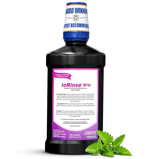 ioRinse Ready-to-Use (RTU) Mouthwash for Fresher Breath, Halitosis Relief, Alcohol-Free, Fluoride-Free and a Professional Clean, Original ioRinse RTU Mouth Wash, Zero Alcohol - Soft Mint Flavor, 1L