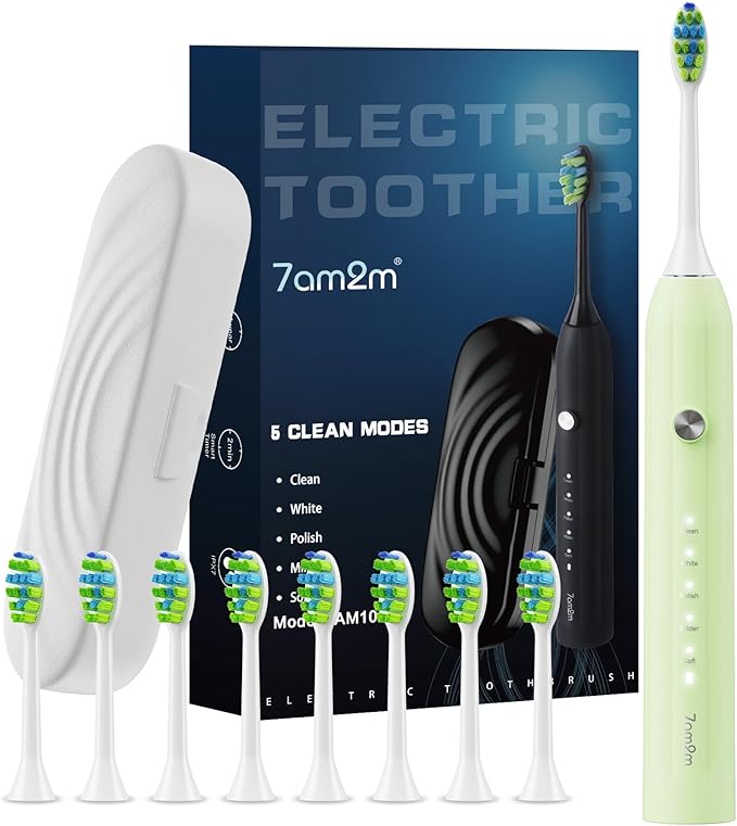 7AM2M Sonic Electric Toothbrush for Adults and Kids, with 8 Brush Heads and Travel Case,5 Modes with 2 Minutes Built in Smart Timer, One Charge Use for 90 Days, Rechargeable Toothbrushes (Light Green)
