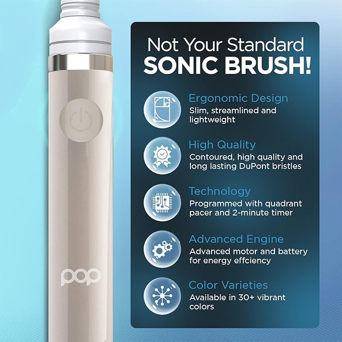 Pop Sonic Electric Toothbrush (Grey) - Travel Toothbrushes w/AAA Battery | Kids Electric Toothbrushes with 2 Speed & 15,000-30,000 Strokes/Minute, Dupont Nylon Bristles