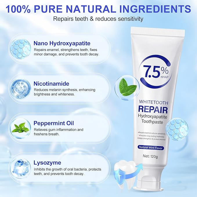 7.9% Nano Hydroxyapatite Toothpaste 2Pcs - Gum Care Strengthen, Repairs Teeth and Reduces Sensitivity, Provides Long-Lasting Freshness, Prevent Cavities, Naturally Whiter Teeth, Fluoride-Free