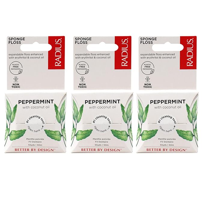 Radius Dental Floss, Sponge Floss, Peppermint, 55 Yards, Vegan & Non-Toxic Oral Care Designed to Help Fight Plaque, Pack of 3