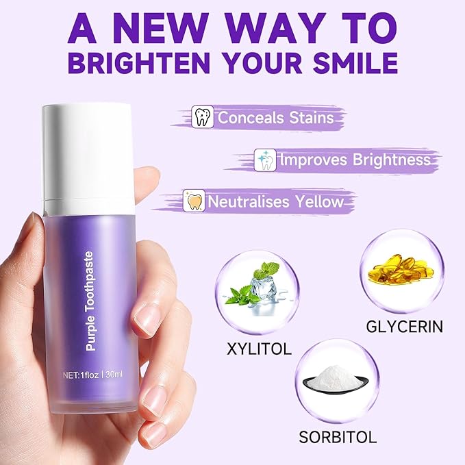 Purple Toothpaste for Teeth Whitening, Teeth Whitening Toothpaste, Tooth Stain Removal, Tooth Stain Removal Colour Corrector - 1 Fl Oz (Pack of 1)
