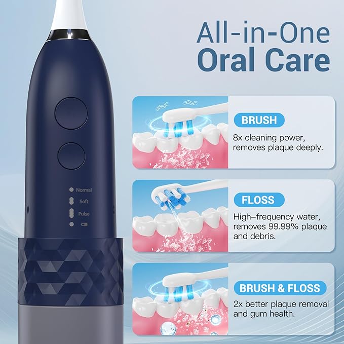 Marchpower Upgraded 2-in-1 Electric Toothbrush with Water Flosser, Ultrasonic Cleaning & 3+4 Smart Modes, Portable Oral Irrigator with Point-Jet, Rechargeable IPX7 Waterproof for Home & Travel Use