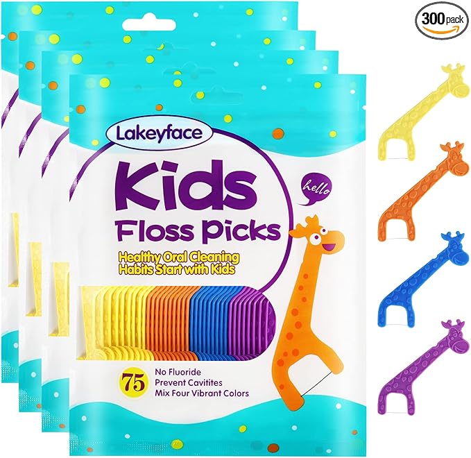 300 Count Kids Flossers, Cute Giraffe Kids Floss Picks, No Fluoride BPA Free Dental Floss Picks, Unflavored Flossers for Kid, 4 Colors, 75 Count (Pack of 4)
