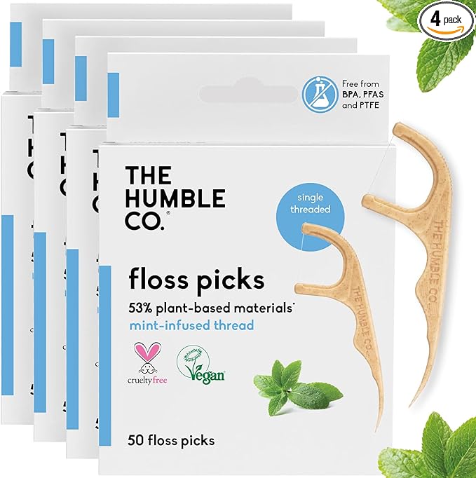 The Humble Co. Floss Picks (200 Count) – Plant Based Dental Floss Picks for Superior Oral Care, Dental Hygiene, and Gum Health, Cruelty Free Tooth Floss Picks (Mint, Single Thread)