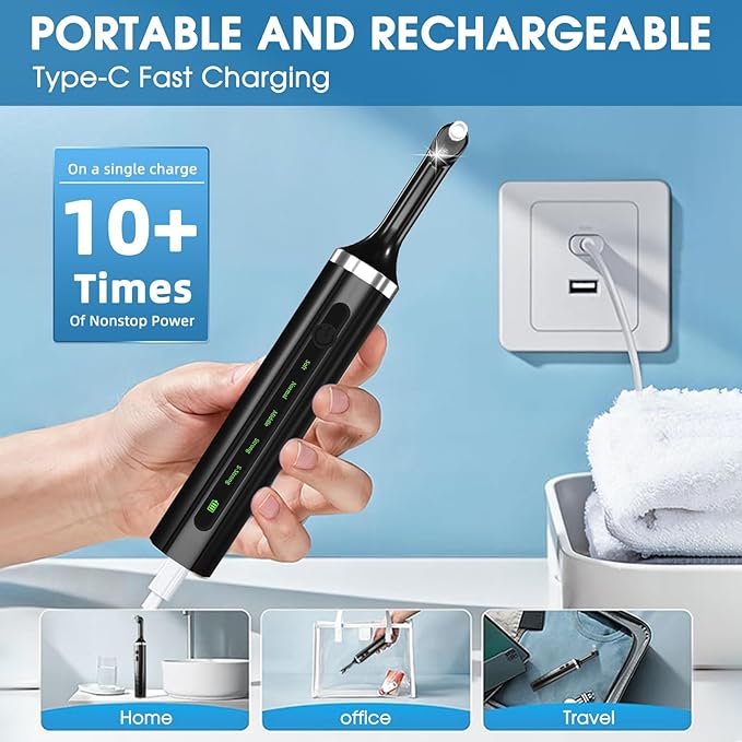 Plaque for Teeth Whitening Tools Electric Tartar Polishing Cleaning Kit with LED Light 5 Speed Modes with 5 Replacement Brush Heads (Black)