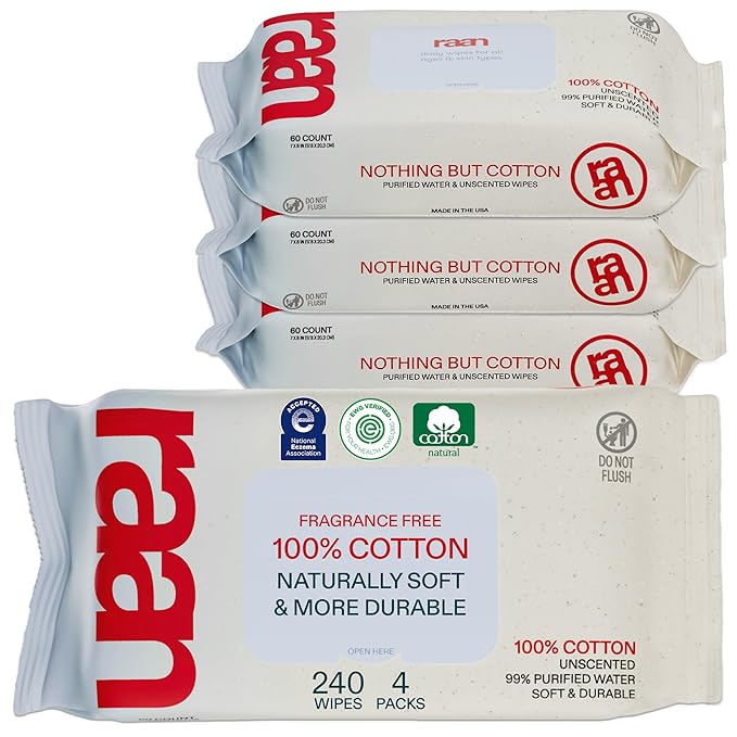 Raan, 100% Cotton Baby & Toddler Wipes, Unbleached, 99% Purified Water, Unscented, EWG verified, Made for Sensitive Skin, Extra Soft and Durable, 4 pack, 240 Count
