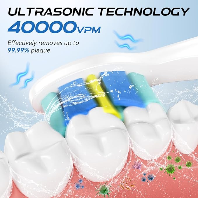 YUNCHI Electric Toothbrush for Adults & Kids, Rechargeable Electric Toothbrush with 8 Brush Heads, 5 Modes & 2 Minutes Smart Timer, Waterproof, One Charge for 30 Days, White