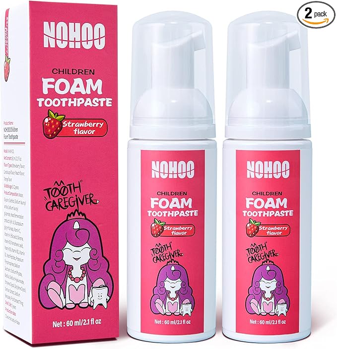 NOHOO Fluoride Free Foam Toothpaste Kids Strawberry,Natural Training Toothpaste for Baby Toddler Children Oral Cleaning and Cavity Protection(2 Pack)