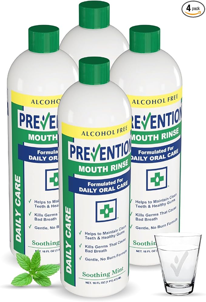 Prevention Daily Care Alcohol-Free Mouthwash, Hydrogen Peroxide Teeth Whitening with Soothing Fresh Mint for Bad Breath Treatment, Fluoride-Free Gum Care Oral Mouth Rinse 16 oz 4 Pack
