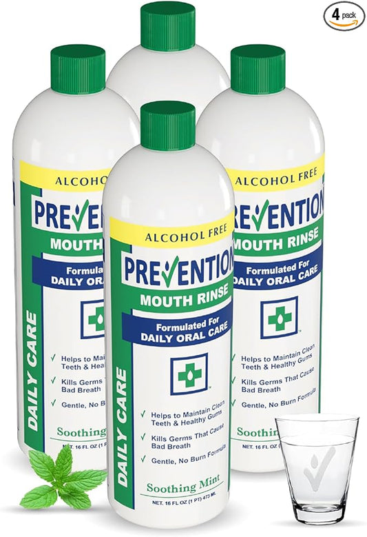 Prevention Daily Care Alcohol-Free Mouthwash, Hydrogen Peroxide Teeth Whitening with Soothing Fresh Mint for Bad Breath Treatment, Fluoride-Free Gum Care Oral Mouth Rinse 16 oz 4 Pack