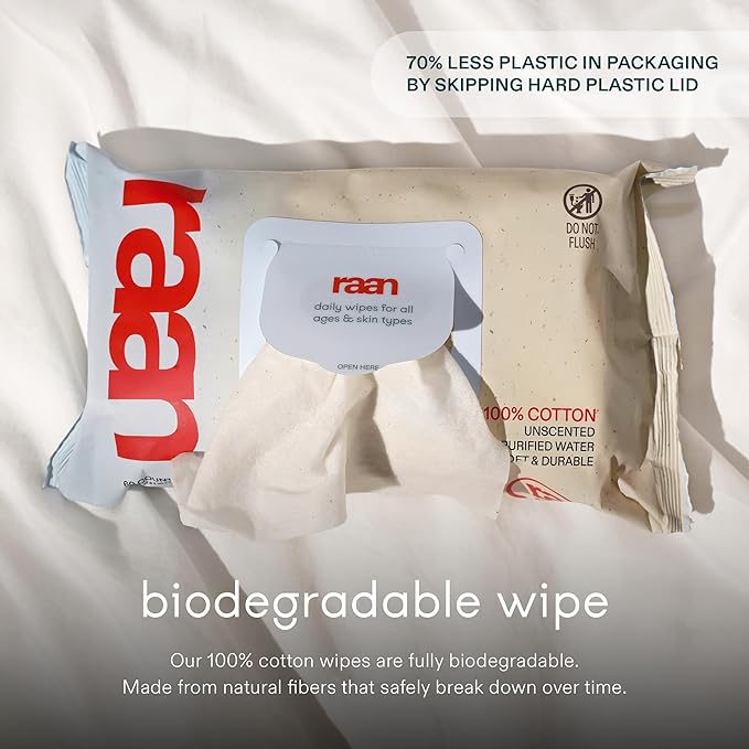 Raan, 100% Cotton Baby & Toddler Wipes, Unbleached, 99% Purified Water, Unscented, EWG verified, Made for Sensitive Skin, Extra Soft and Durable, 4 pack, 240 Count