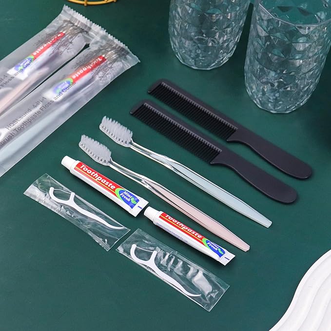 20pcs Disposable Toothbrushes with Toothpaste and Comb Floss Individually Wrapped, 4-in-1 Bulk Toothbrush Kit with 2 Color Toothbrush,10g Toothpaste,7 inch Comb, Floss Pick for Homeless,Hotel