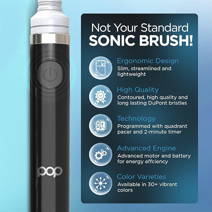 Pop Sonic Electric Toothbrush (Black + 8 Brush Heads) - Travel Toothbrushes w/AAA Battery | Kids Electric Toothbrushes with 2 Speed & 15,000-30,000 Strokes/Minute, Dupont Nylon Bristles