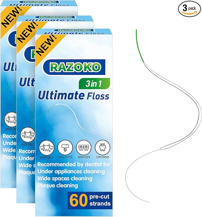 RAZOKO Dental Floss for Braces, 3 in 1 Ultimate Floss Pre-Cut Strands, 60 Count (Pack of 3)