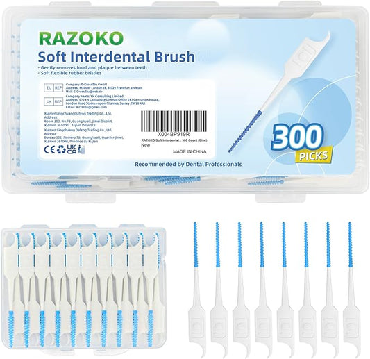 RAZOKO Soft Interdental Brushes Original, Dental Picks for Cleaning Teeth, Disposable Interdental Brushes, with Convenient Carry Case (Blue, 300 Count)