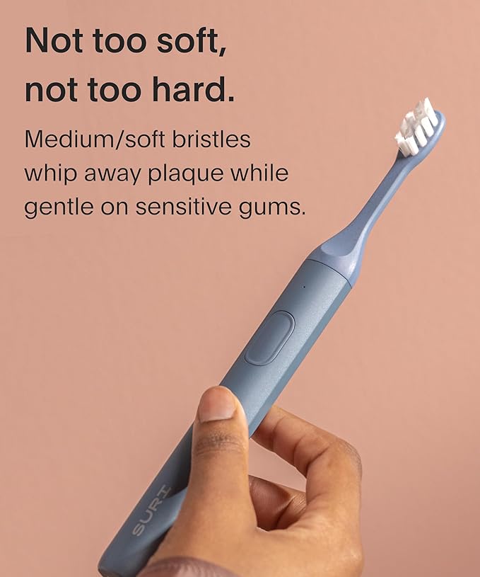 Suri Recyclable Plant-Based, Electric Toothbrush Heads - Built-in Tongue Scraper, Long Lasting Replacement Heads | Compatible Only with Suri Sonic Electric Toothbrush - Morning Waves, Pack of 3