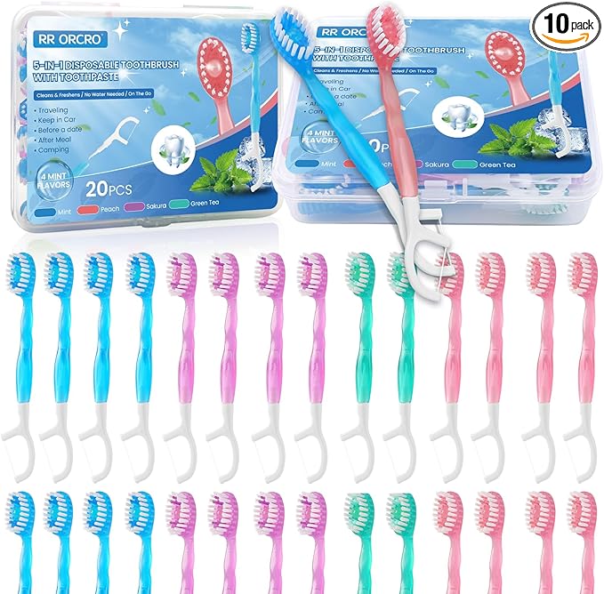 40Pack Mini Disposable Toothbrushes with Toothpaste Tongue Scraper Floss Pick 5-in-1 Single Use Portable Travel Toothbrush Individually Wrapped Box Small Prepasted Travel Toothbrush for Kids Adult