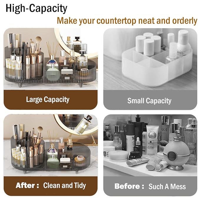 360° Rotating Makeup Organizer for Vanity - Large Capacity Cosmetic Display Case Countertop Cosmetic Storage Holder with Makeup Brush Holders （Gray）